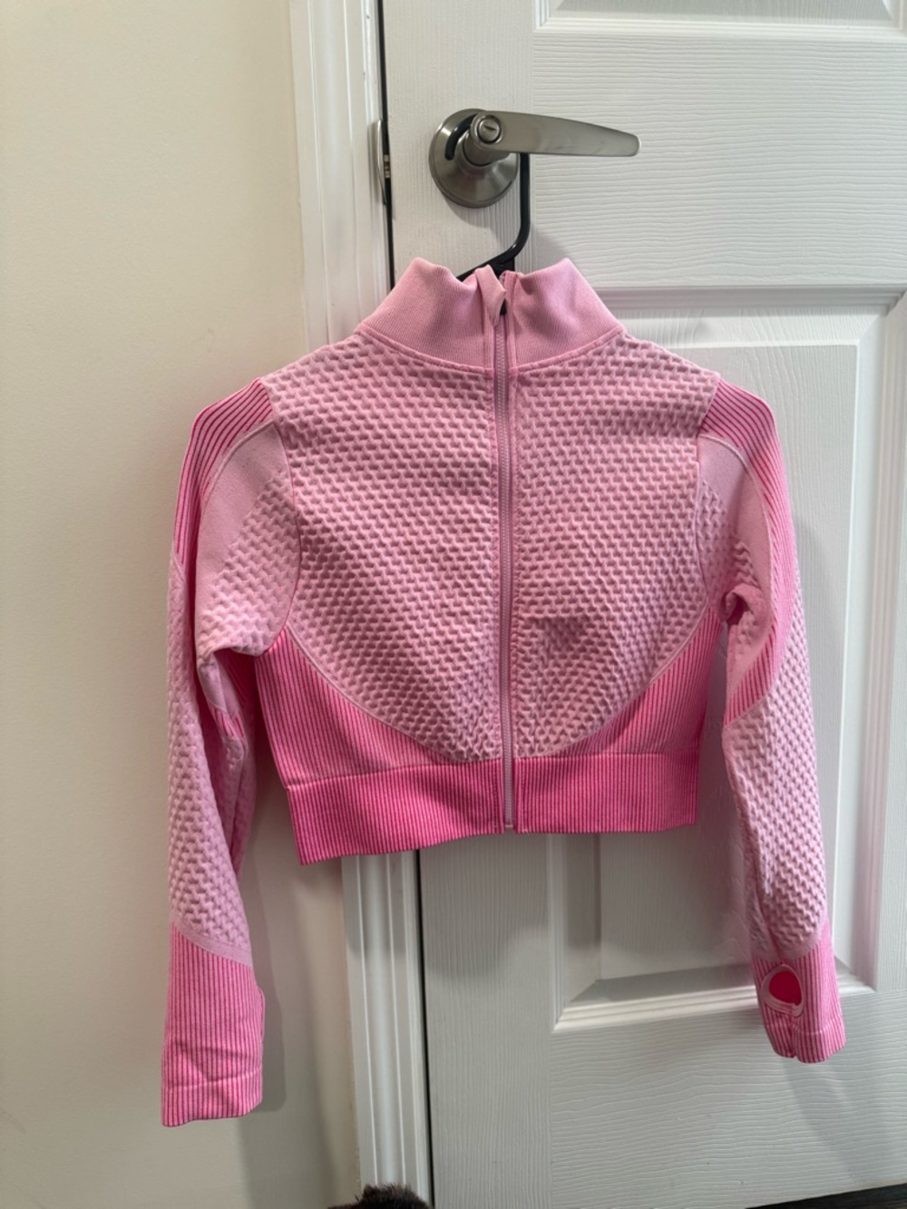 Pink Textured Zip-Up Cropped Sweater
